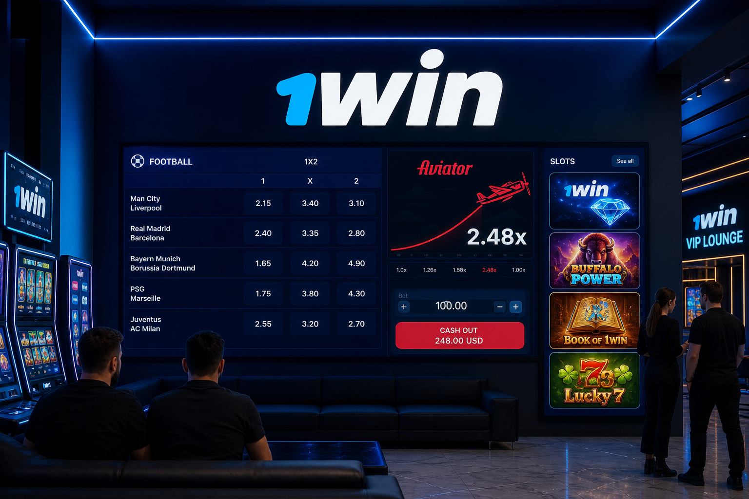 1WIN lobby with odds, slots and official 1WIN mark